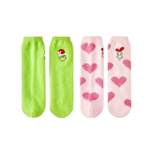 Women's The Grinch Furry Face Box of Cozy Embroidered Crew Socks - Green/Pink 4-10